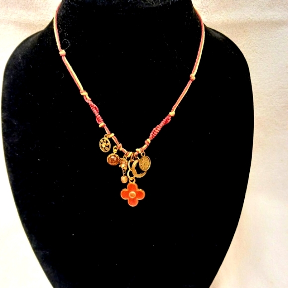 Vintage Macrame Necklace w Fleur de LisFLOWER Charms Bohemian BOHO